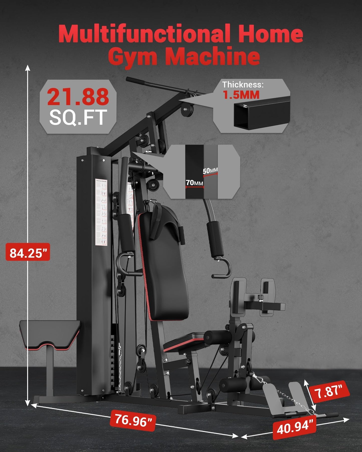Multifunctional Home Gym Equipment, Full Body Workout Station, Exercise Machine with 150 Lbs Weight Stack, Home Gym Workout Equipment with Pulley System and Foot Pedal, Black
