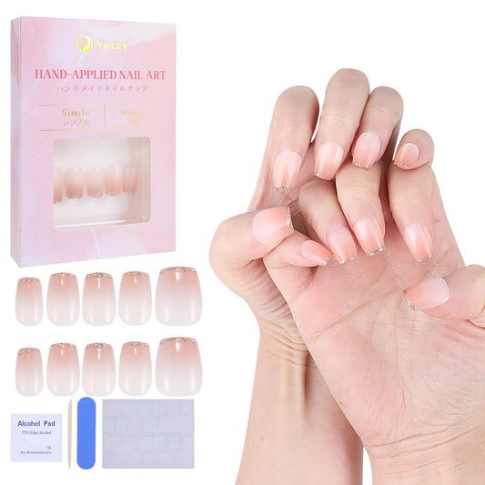 Yacey Handmade Press on Nails Short Square, Reusable False Nails Press Ons, Pink Blush French Tip Thick Acrylic Fake Nails, 3D Artificial Bling Glossy Glue on Nails for Women Girls (10 Pcs, M)