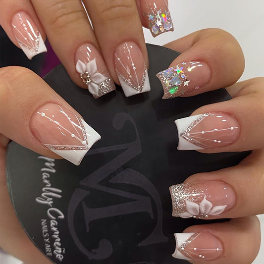 Short Square Press on Nails French Tip Fake Nails White Flower Glue on Nails with 3D Star Rhinestones Design Nude Pink False Nails Glitter Nail Tip Acrylic Nails Spring Stick on Nails for Women 24Pcs