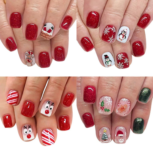 Christmas Press on Nails Kit 96 Pcs Short Square Fake Nails 4 Style Cute False Nails with Penguin Reindeer Snowflake Glitter Designs Red Glossy Glue on Nail Winter Acrylic Nails for Women Girls