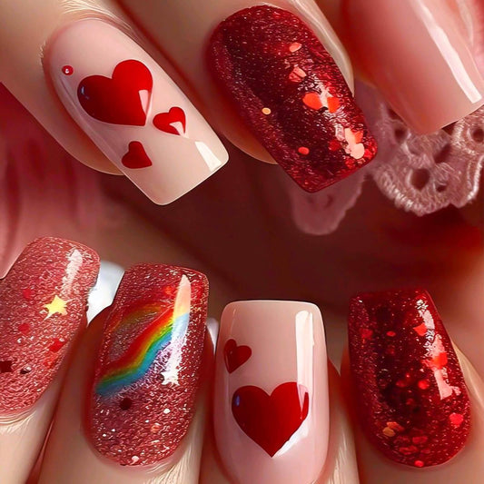 RUOKEXIN Medium Press on Nails Coffin Fake Nails Red Glitter False Nails with Heart Designs Rainbow Ombre Glue on Nails Sparkly Artificial Nails Cute Stick on Nails for Women 24Pcs