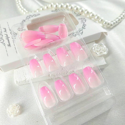 Short Press on Nails Coffin Fake Nails with Gardient Designs Pink Nails Press ons Glossy Glue on Nails Full Cover Acrylic Nails Cute False Nails Artificial Stick on Nails for Women 24Pcs