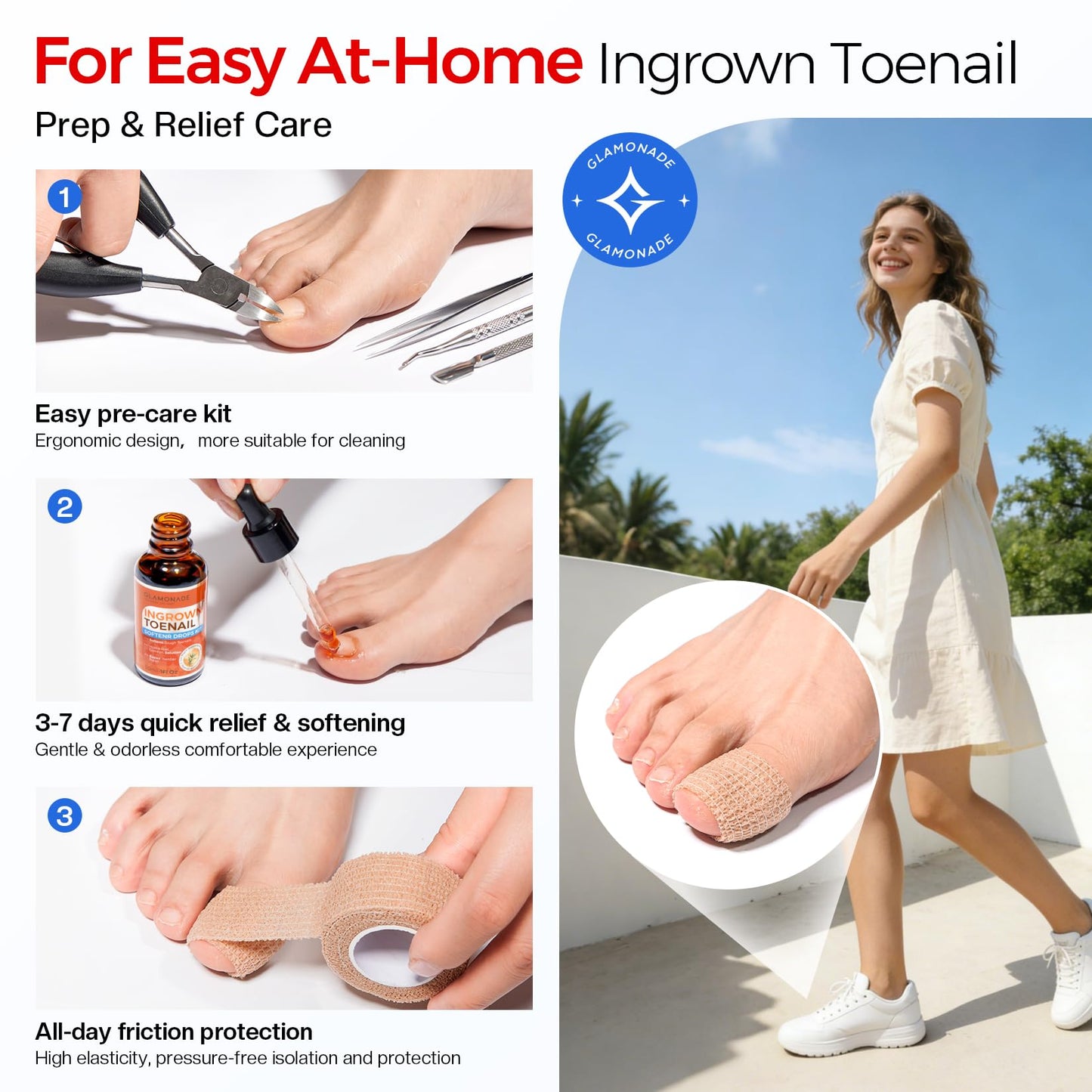 Glamonade Ingrown Toenail Removal Kit: Complete Ingrown Toenail Tool With Corrector Patch And Relief Softening Drops For Soothing Comfort, At‑Home Professional Kit For Men & Women with Curved Toenails