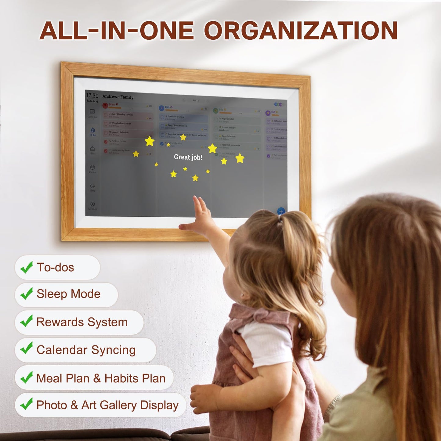EMOLENDAR Digital Calendar,15.6 Inch Smart Wifi Electronic Calendar with Wooden Frame, Full HD Touchscreen Display Picture Frame Calendar for Family Schedules Planner Organizing-Wall & Desk Mountable