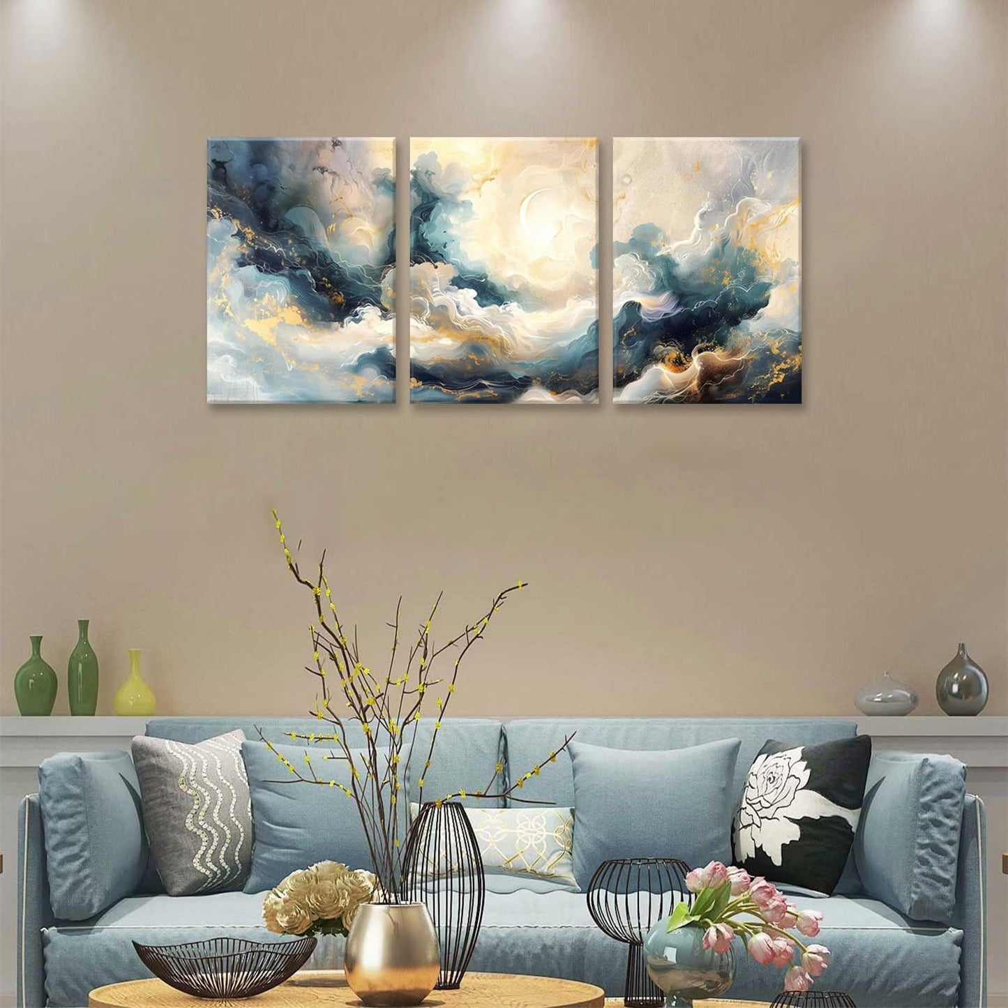 LYPHNX Framed Blue Abstract Fantasy Canvas Wall Art Minimalism Ink Painting Poster Set of 3 Modern ArtWork Navy Blue Gold Marble Prints Pictuer Wall Decor for Living room Bedroom Office Hotel 12"x16"