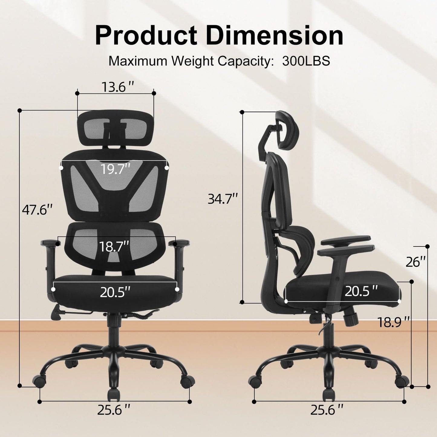 Home Office Chair, Ergonomic Desk Chair with Adjustable Height, Lumbar Support, High Back Mesh Computer Chair with Flip up Armrests, Task Chairs for Home Office - 300lb Executive Chairs (Black)