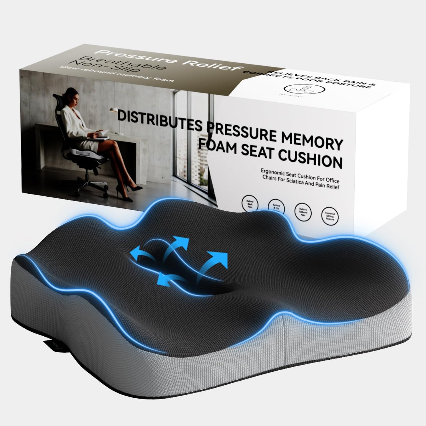 ModReve Memory Foam Seat Cushion for Office Chairs, Car Seat, Wheelchair, Desk Chair Pad - Extra Large Ergonomic Sciatica Coccyx & Tailbone Pain Relief Back Support Pillow for Long Sitting & Driving