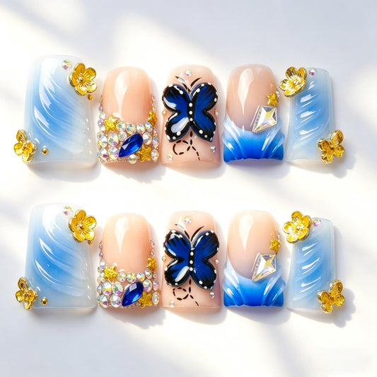 Handmade Press on Nails 3D Cute Glue on Nails for Women, Luxury Duck Nail Art Design, Fake Nails with 3D Nail Charms Size M 13