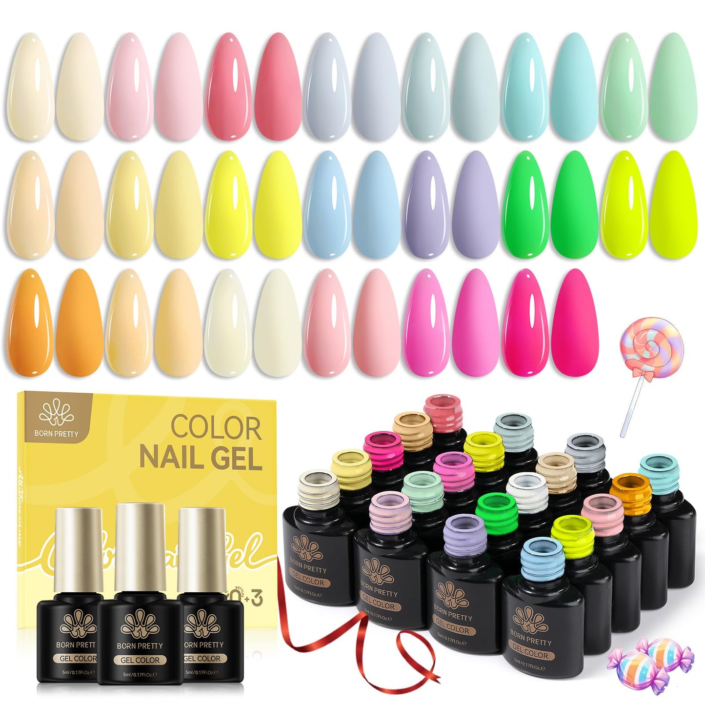 BORN PRETTY Neon Gel Nail Polish 23Pcs,Spring Summer Hot Pink Fluorescent Green Yellow Pastel Macaron Candy Sweet Colors Gel Polish Kit with Base&Glossy Matte Top Coat