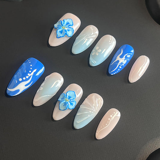 Luxury Press on Nails Medium Almond Handmade 3D Unique Reusable ABS Material Fake Nails Blue False Nails with Designs Blue White Flower Art Petal Glossy Thick Acrylic Nails(S)