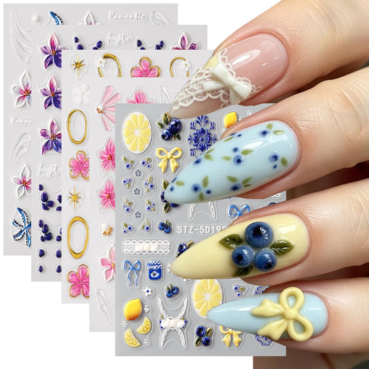 5D Embossed Flower Nail Art Stickers, 5 Sheets Self-Adhesive 3D Floral Nail Decals with Floral, Starfish, Bow & Lemon Designs Cute Summer Nail Art Supplies Sticker for DIY Manicure Decoration