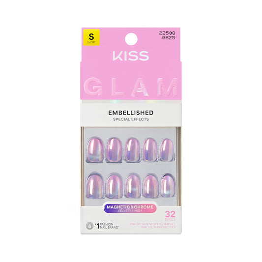 Kiss Glam, Press On Nails, Nail glue included, 'One n Only', Pink, Short Size, Round Shape, Includes 32 Nails, 2g Glue, 1 Manicure Stick, 1 Mini File