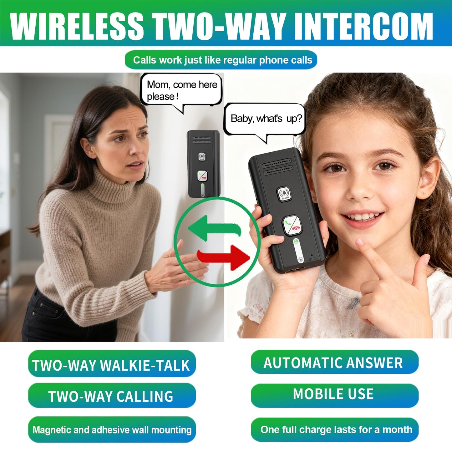 Home Intercom System Wireless 3 Pack, Expandable to 6 Units, Room-to-Room Communication, 1600ft Long Range, Auto Answer, Magnetic Wall Mount, 30-Day Battery, for Elderly Parents, Office, Indoor Use.