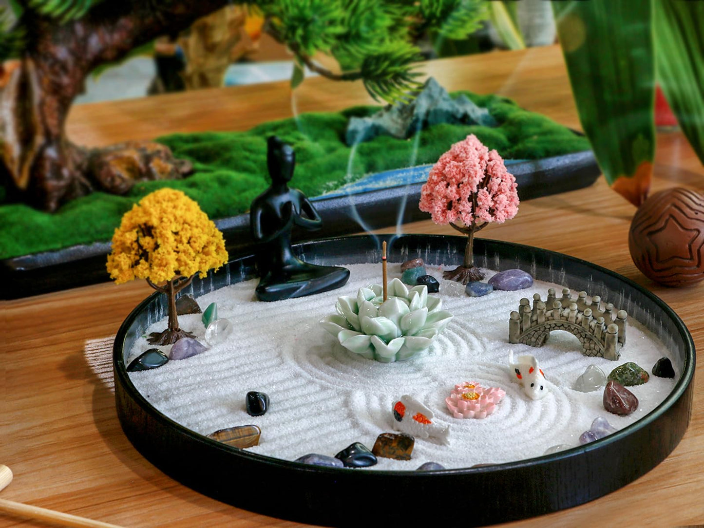 Meditation Yoga Zen Garden kit - Home Office DIY Japanese Mini Rock Sand Garden Desktop Chakra Shine Altar Zen Decor Zen Gifts for Adult w/Rake Tools Accessories Healing Crystal Sphere