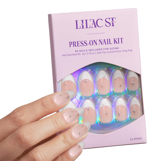 Lilac St - Press On Nails, Seeing Stars (30 Nails, 15 Sizes) - Medium, Almond, Glossy, Opaque - Brush-On Nail Glue, Nail File, Cuticle Stick, Prep Pad - Reusable - Cruelty Free, Vegan, Women Founded
