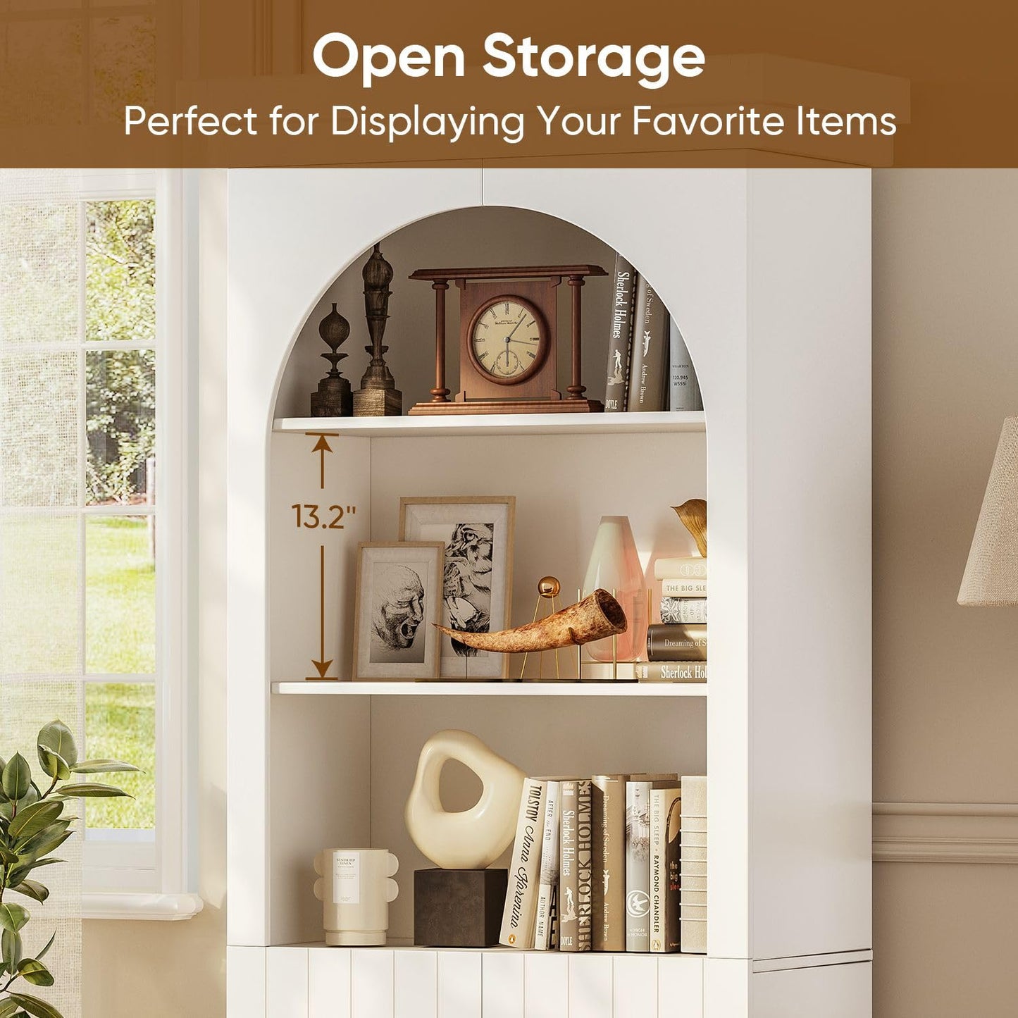 Myricore 71" Arched Kitchen Pantry Cabinet, Tall Half Open Storage Cabinet with Drawers, Modern Display Hutch for Dining Room, Living Room, White with Gold Handles, 3 of Set