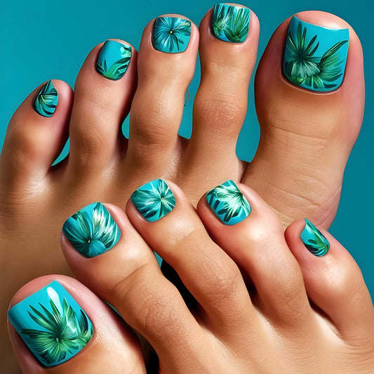 Summer Press on Toenails Short Square Fake Toe Nails with Coconut Tree Leaves Design Glossy Blue Glue on Toe Nails Green Leaf False Toenails Full Cover Acrylic Toenails for for Women