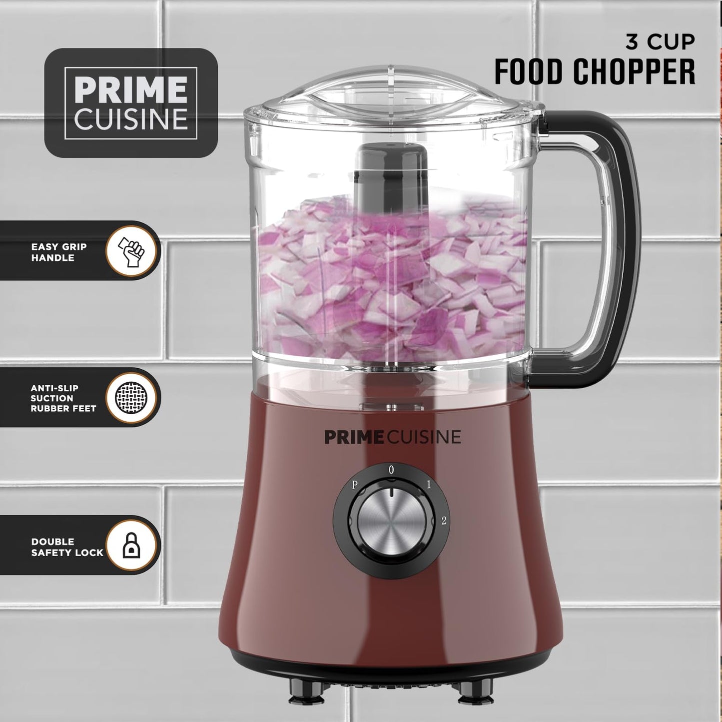 PRIME CUISINE Electric Vegetable Chopper & Food Processor, 3 Cup Capacity, For Mincing, Emulsify and Puree (Burgundy)