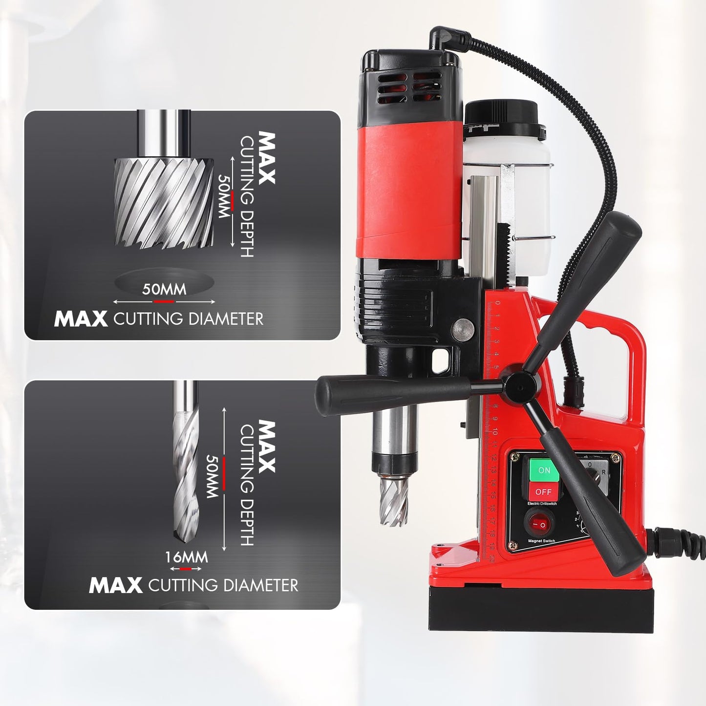 COZONY Mag Drill Press, 1400W 810RPM Portable Magnetic Drill Press, 10-Speed Core Electric Drilling Machine for Metal Working,10Pcs Annular Cutters Drilling Bits，Red