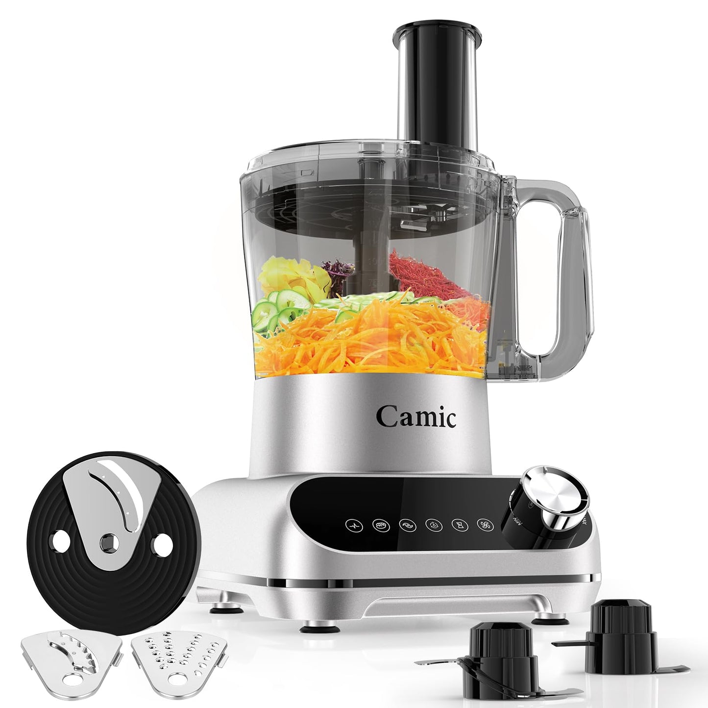 Camic 600W Food Processor, 72OZ Large Capacity Countertop Electric Vegetable Chopper with 6 Preset Programs, Dough Blade, Slicing,Shredding, Whipping attachments for Ice Crushing, Mixing, Chopping