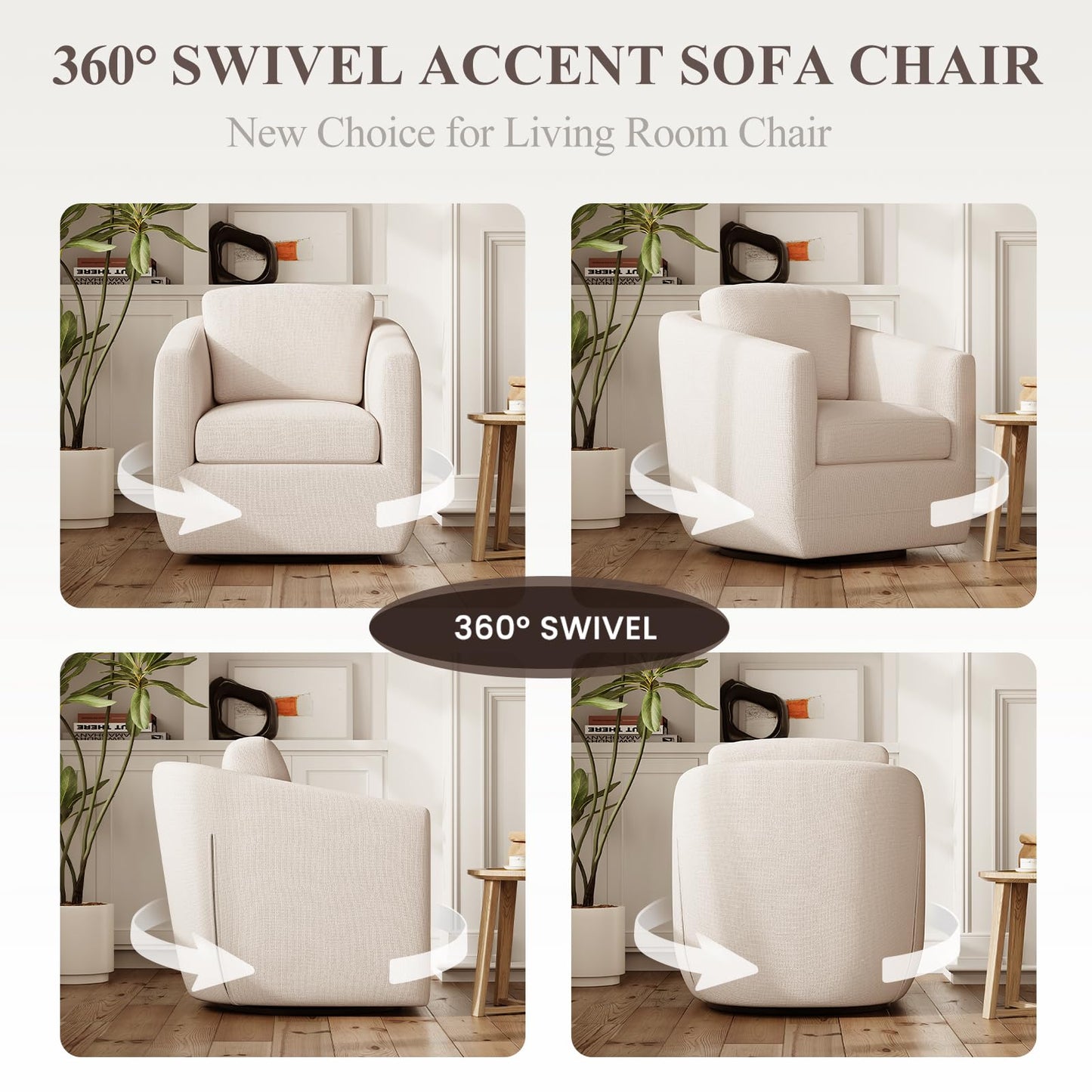 MALOL 360° Swivel Accent Chair Set of 2- Comfy Living Room Armchair No-Sag Foam & Sturdy Metal Base with Pillow, Fully Assembled Swivel Accent Single Sofa for Bedroom, Office, Beige