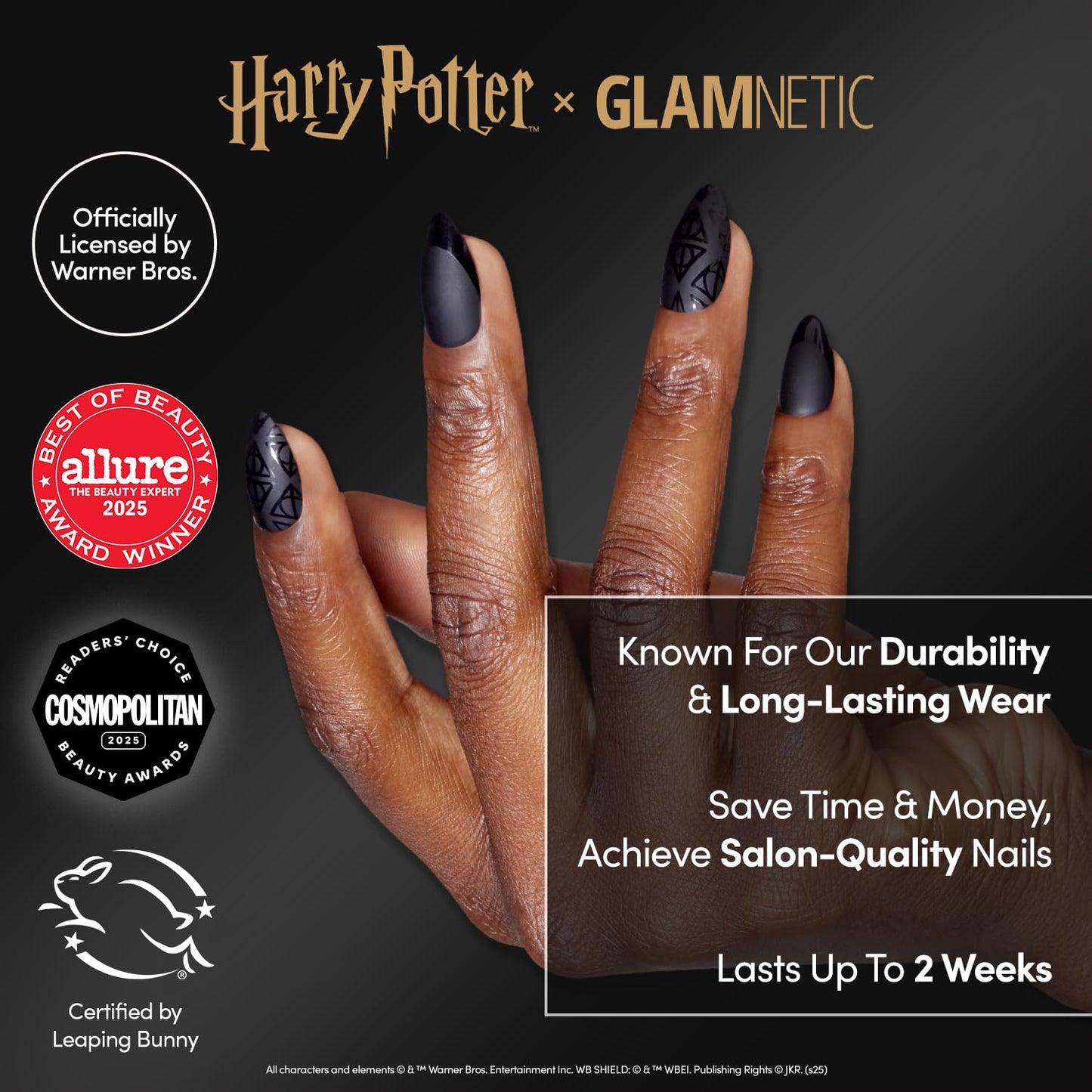 Harry Potter™ x Glamnetic Press On Nails - Deathly Hallows™ | Black Harry Potter™ Graphic Short Almond Fake Nails in a Matte & Glossy Finish | 15 Sizes - 30 Nail Kit with Glue