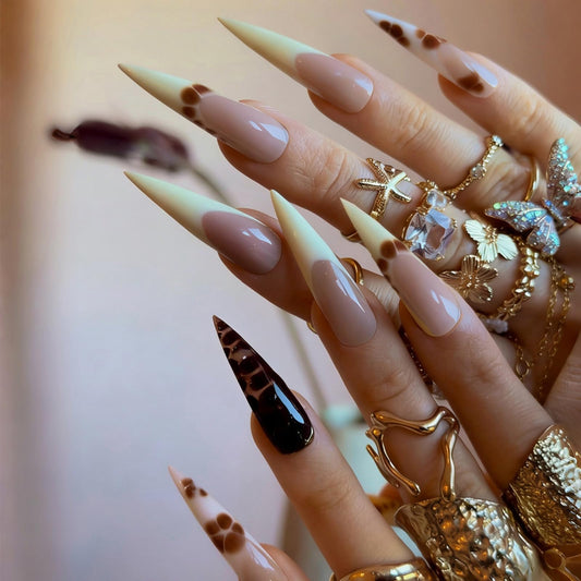 IMRAIN Stiletto Press on Nails, Long Fake Nails, Yellow French Tip Brown Animal Print, 24 Pcs Reusable Glue on Nails for Women, Salon Quality