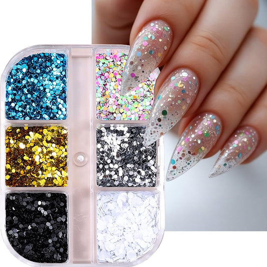 6 Grids Colorful Circular Dots Sequins Nails Art Decoration Holographic Irregularly Shaped Round Thin Sequins Acrylic Nails Supplies Jewelry Studs Nail Art Flakes for Women Manicure