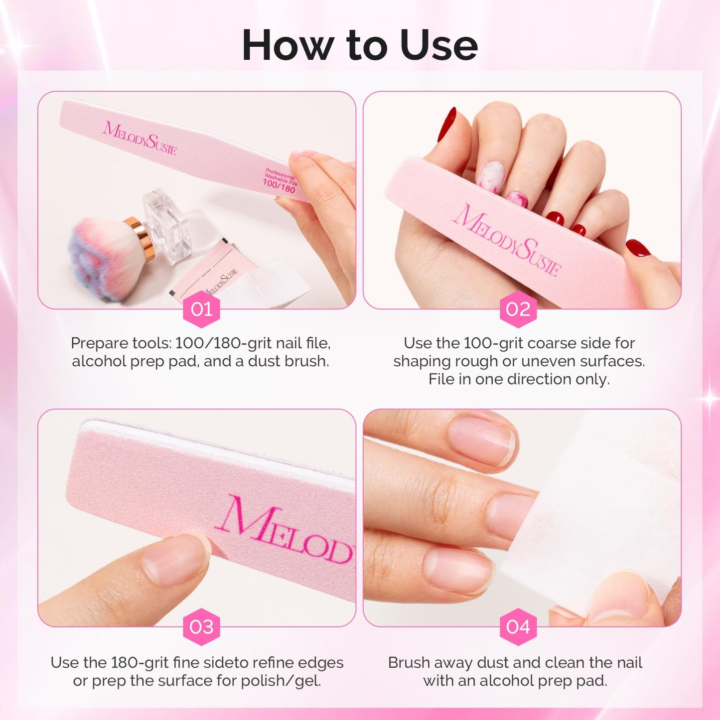 MelodySusie Nail File Kit, 10Pcs Double Sided 100/180 Grit Mixed-Shapee Emery Boards for Nails, Professional Manicure Pedicure Supplies for Home and Salon Use, Mothers Day Gifts, Pink
