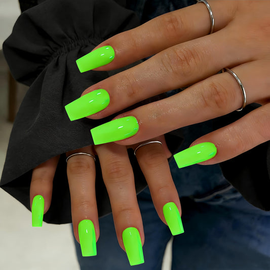 SXVME Press On Nails Long Square - Bright Green Press on Nails with Glue for Women, Natural Simple Fake Nails Press ons Medium, Glossy Soft Gel Glue on Nails Coffin, Reusable Nail Stick Ons, 24 Pcs