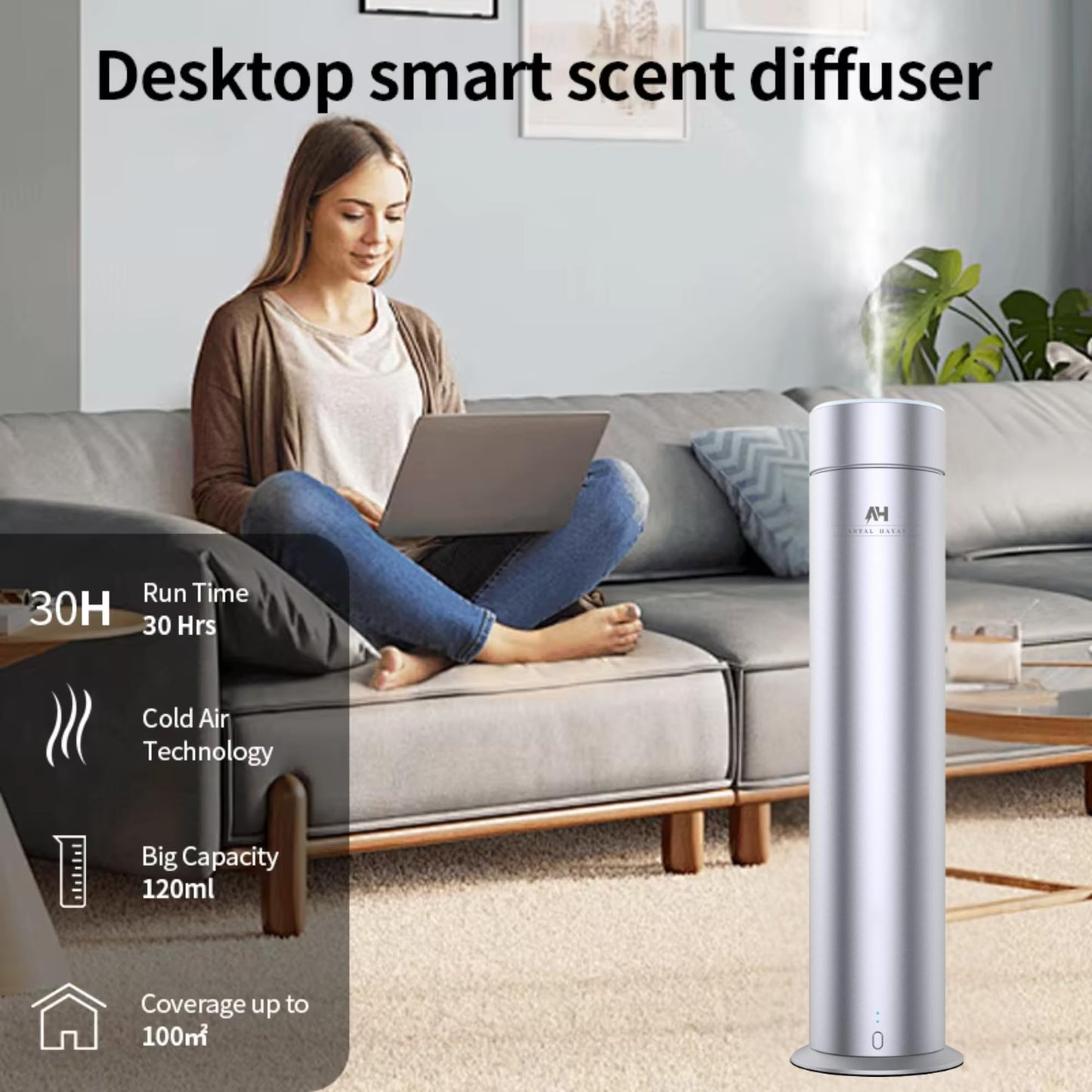 Waterless Fragrance Oil Diffuser - Rechargeable App Control Diffuser for Essential Oil - Home Luxury Scents Refill - 1200 sq. ft Coverage - Hotel Scents Starter Kit - Antal Hayat Hotel Scents