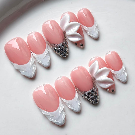 French Tip Press on Nails Handmade Medium Almond 3D Thick Acrylic Nails White False Nails with Flower Rhinestones Designs Elegant Pink Glossy Fake Nail Sturdy Art Press on Nail 10Pcs(S)