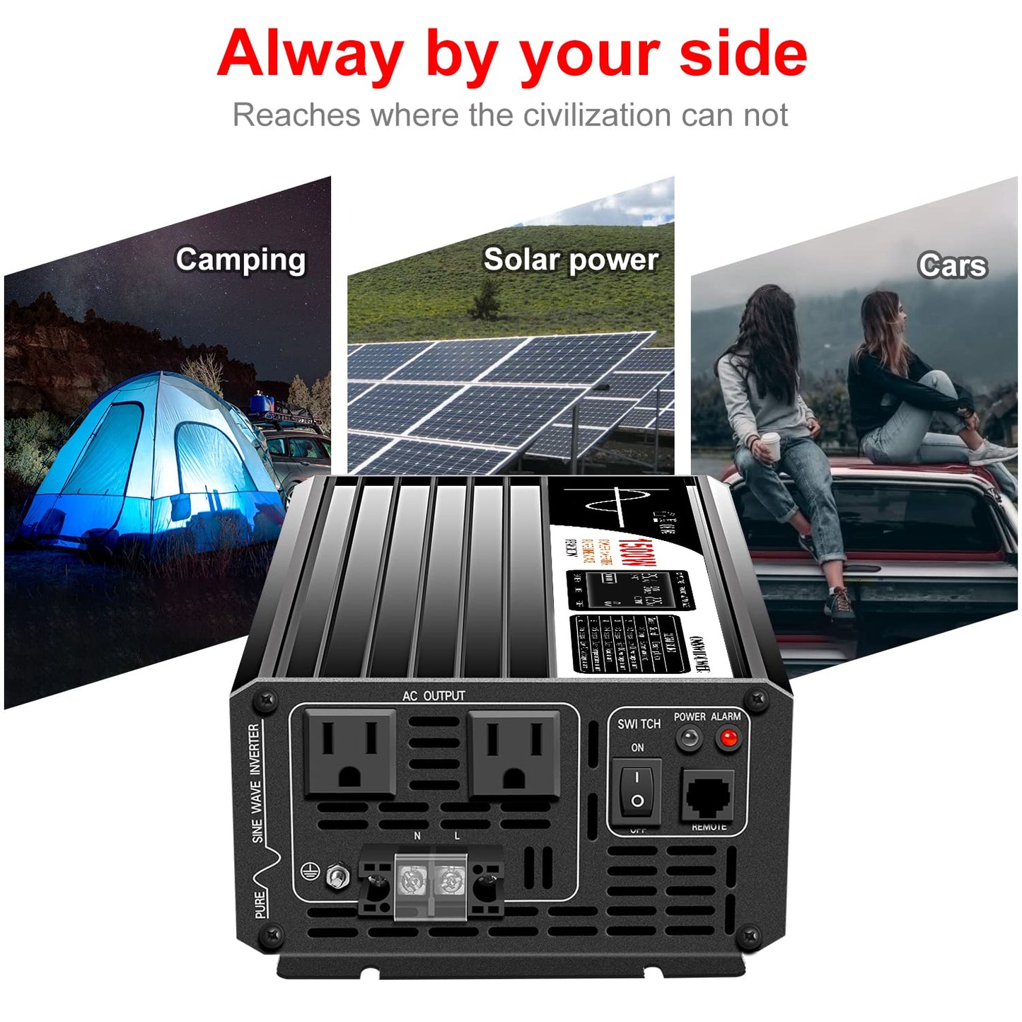 Xijia 1500W Power Inverter，24V to 120V Pure Sine Wave Inverter，Surge 3000W Solar Converter for Truck，Home Backup Solar Systems ，with Bluetooth Remote Control