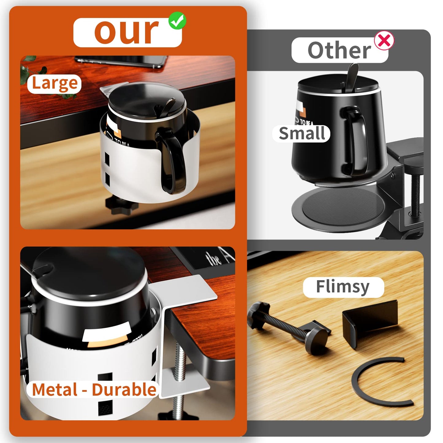 Upgraded Large Desk Cup Holder Clamp, Anti-Spill Cup Holder for Table, Durable 5 Adjustable Directions, Metal Office & PC Gaming Desk Accessories, Enough to Hold Coffee Cups, Water Bottles, White