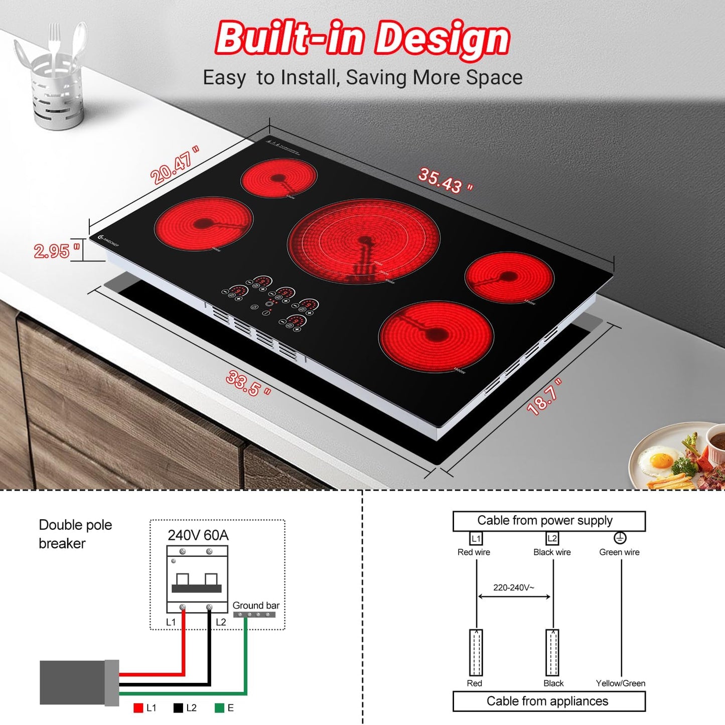 AMZCHEF Electric Cooktop 36 Inch,5 Burners Built-in Electric Stove Top,Max 9000W Ceramic Glass Countertop with Touch Control,9 Heating Level,Max 3000W Triple Zone,Safety Lock