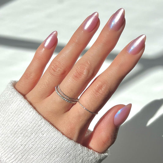 Glamnetic Press On Nails - Seaspell Fake Nails | Short Almond Pink Fake Nails with a Velvet Finish, Salon Quality Summer Nails | 15 Sizes - 30 Nail Kit with Glue
