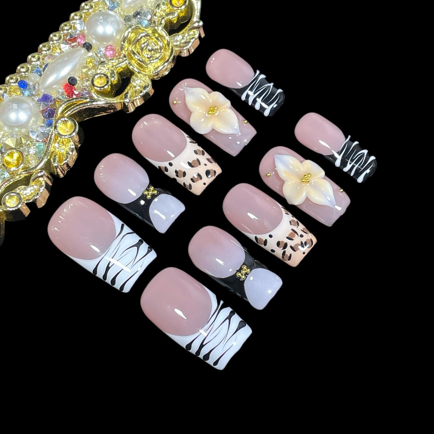 Handmade Press On Nails 3D Floral & Animal Print Medium/Short Square Leopard/Zebra/Yellow Floral Thick Reusable Acrylic False Nails (Prairie, M)