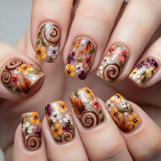 24pcs Flower Press on Nail Short Square Fake Nails with designs Stick on Nail Spring False Nails Press ones Glossy Full Cover Reusable Glue on Nails for Women Manicure Decor