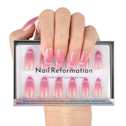 Nail Reformation Press On Nails, Rosewater | Ombre Pink Velvet Shimmer Medium Almond Fake Nails with Glossy Finish, Reusable Stick On False Nails Kit - 30 Pcs in 15 Sizes with Glue, Gifts for Women