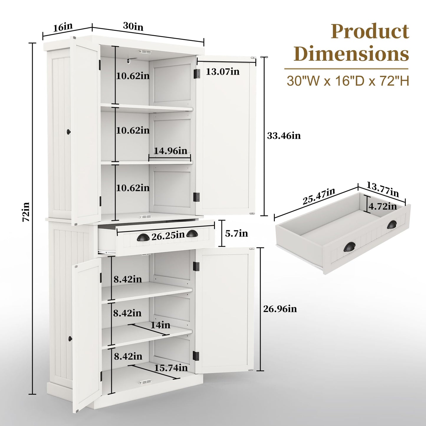 ARTPOWER 72" Tall Kitchen Pantry Storage Cabinet with Drawer and Adjustable Shelves, Pantry Cabinet for Kitchen, Bathroom or Hallway, White