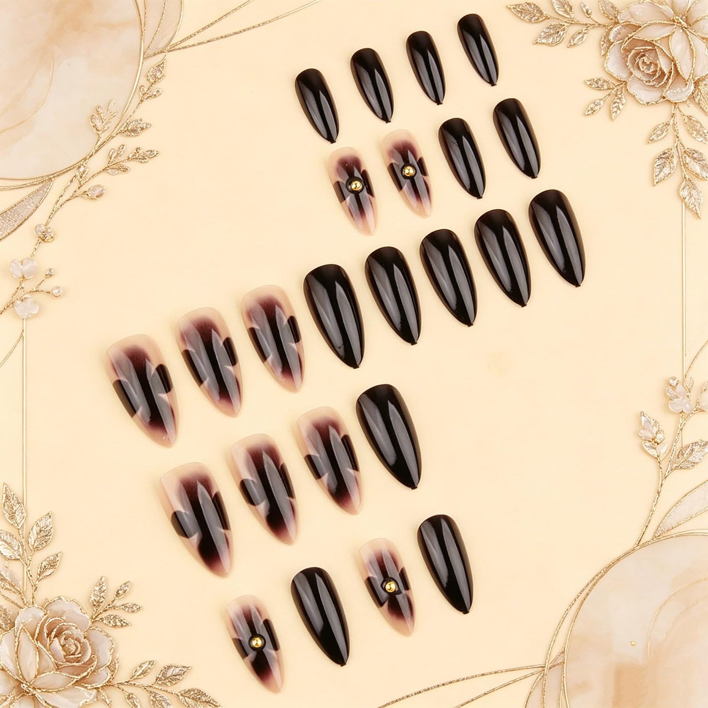 Press on Nails with Flower Design Floral Medium Almond False Nails Black Ombre Fake Nail Glossy Gold Accent Glue on Nail Gradient Stick on Fingernails for Women Elegant Daily Wear