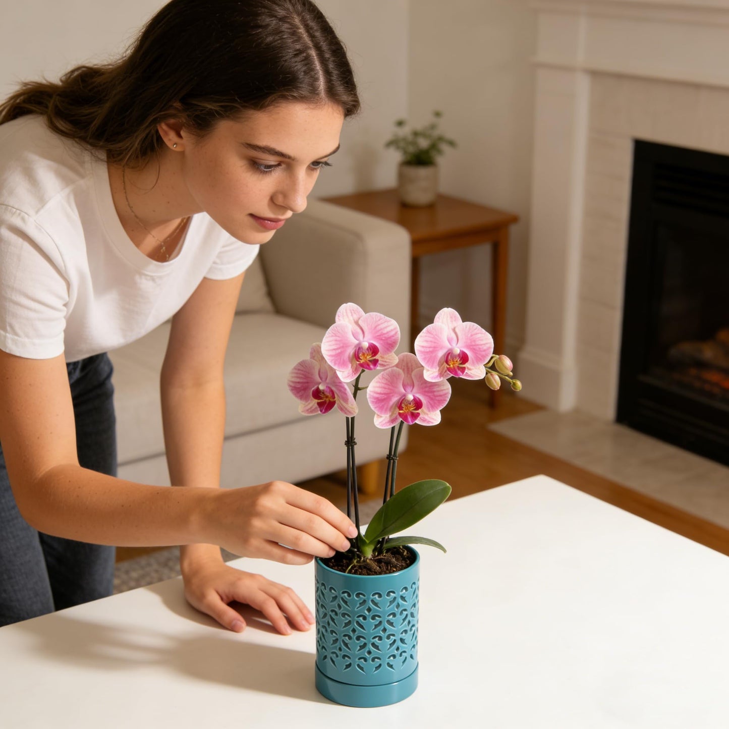 pavtner Ceramic Orchid Pot 4 Inch, Orchid Pots with Holes, Plant Pot for Repotting, Flower Planter Pot Indoor Outdoor, Green Chirstmas Gift for Women.