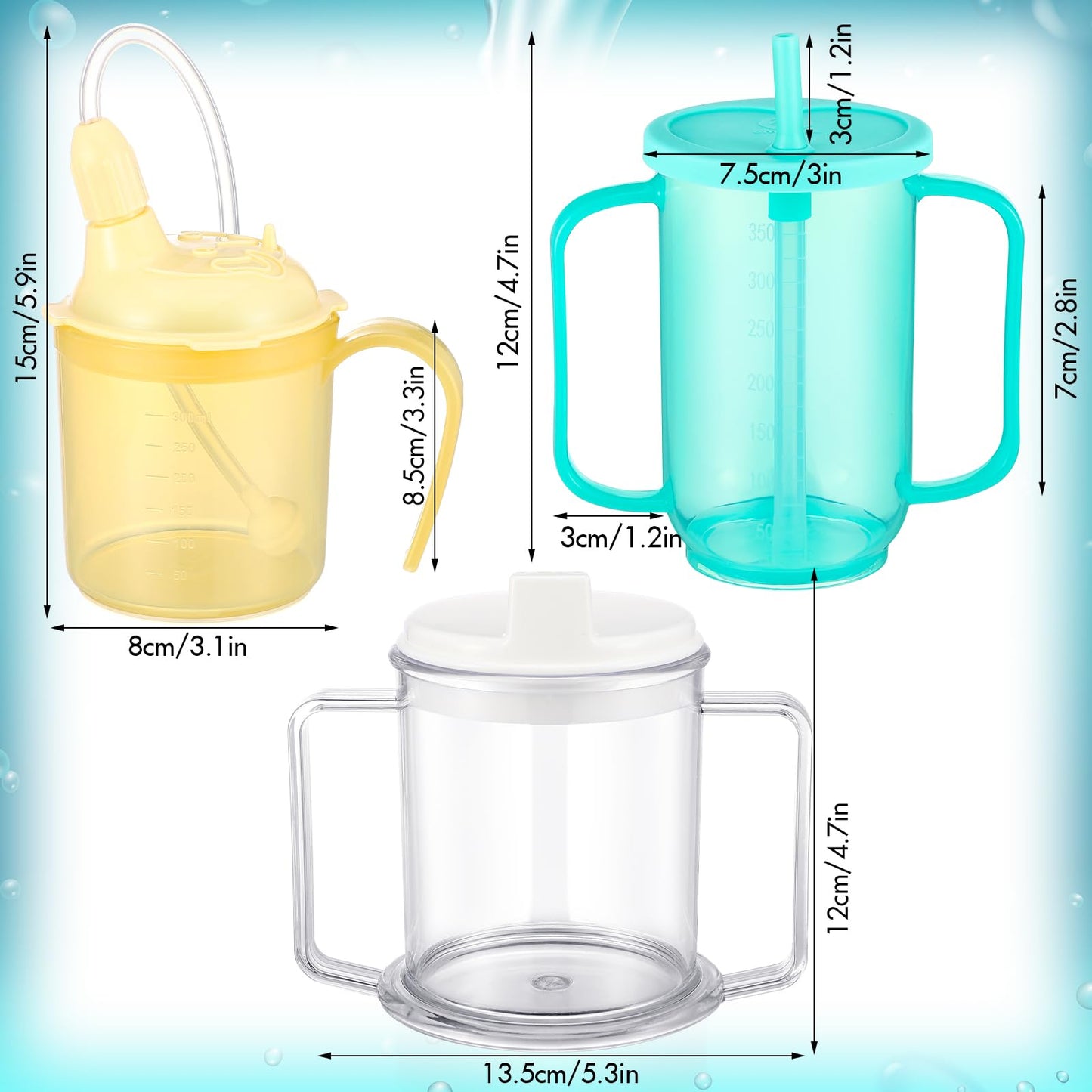 Suclain 3 Pcs Sippy Cups for Elderly 12 oz Straw Sippy Cups with 2 Handles No Spill for Adults Spill Proof Dysphagia Cup for Disabled Patients
