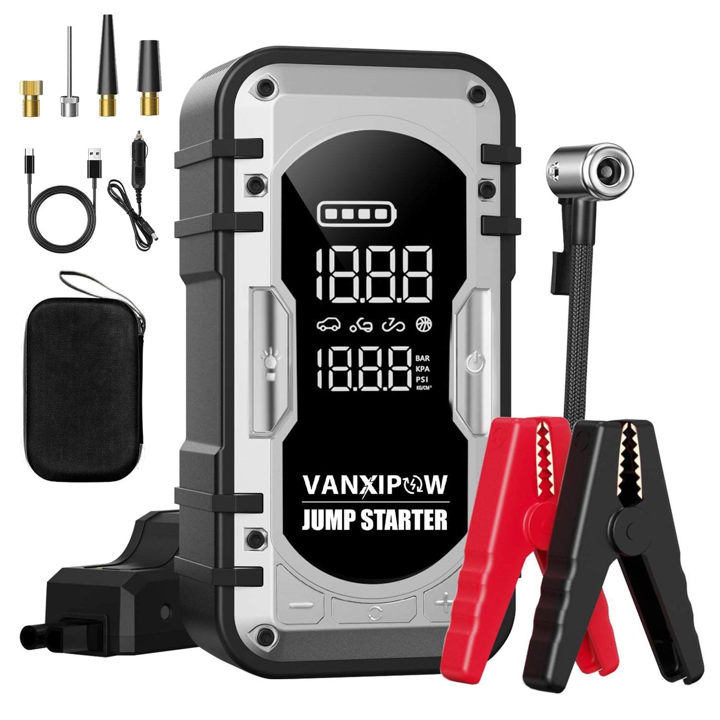 Portable Car Battery Jump Starter with Air Compressor, VANXIPOW 4500A 150PSI (9.0 L Gas/8.0L Diesel), 12V Jump Box Car Battery with 600 Lm LED Light, with Large LED Display, Power Bank