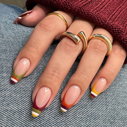 Striped Press on Nails Medium Almond Fake Nails French Tip Nails Press ons with Design,Full Cover Stick on Nails for Women Manicure,Reusable | Artificial | Easy Apply | 24Pcs