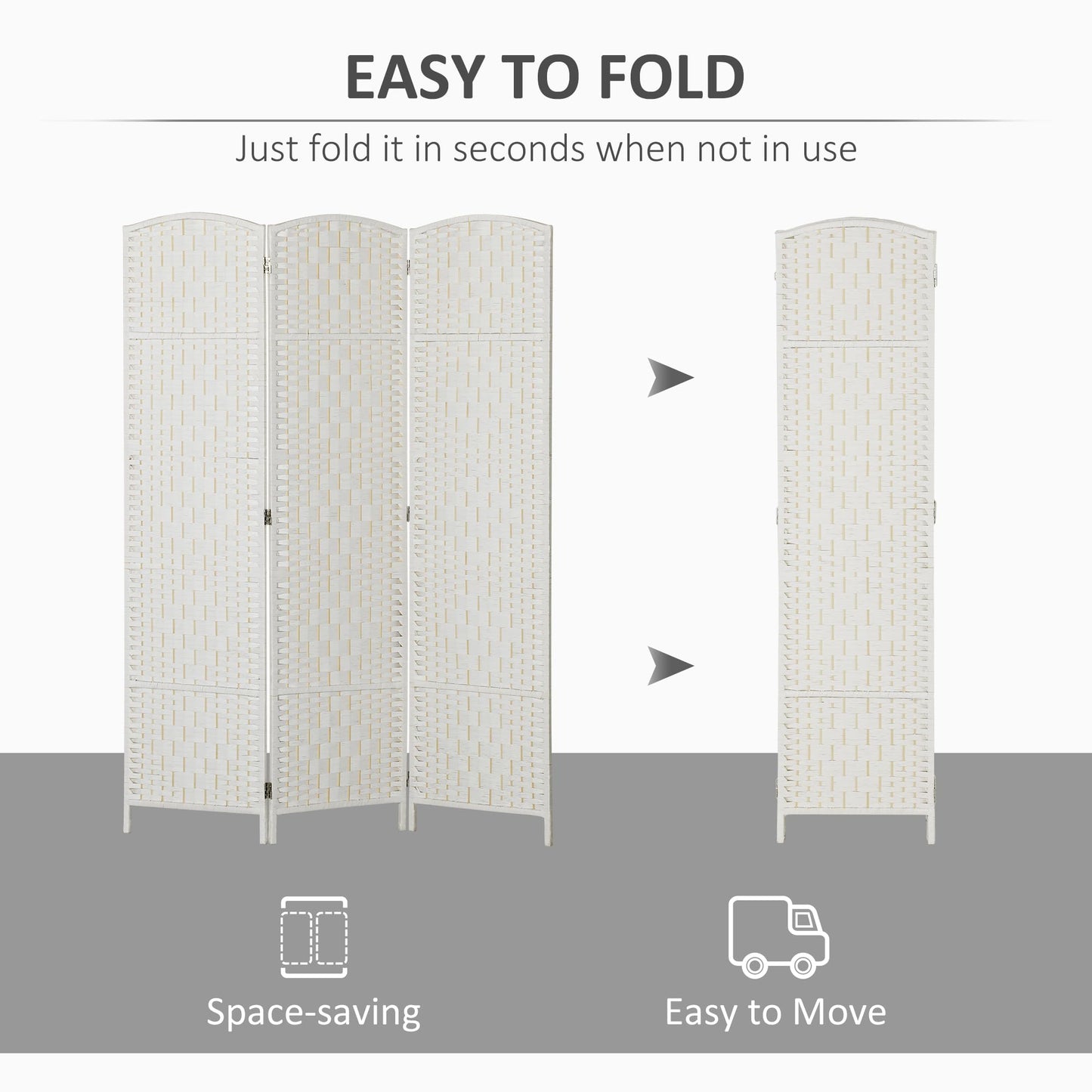HOMCOM Room Divider 3 Panel, 6FT Tall Folding Privacy Screen, Freestanding Hand-Woven Partition for Room Separation with 360° Hinges, Paper Rope Diamond Weave, White