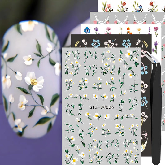 5pcs Flower Nail Stickers With Tweezers, Mini Jasmine Rose Hibiscus Wildflower French Lace Self-Adhesive 3D Floral Nail Decals For Women Girls, Spring Summer Nail Supplies For DIY Manicure Decorations