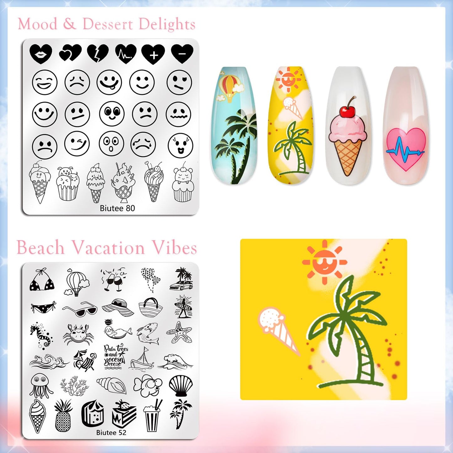 Biutee Nail Stamping Kit with 10 Stamping Gel Polish, 16 Nail Stamping Plate, Clear Jelly Stamper, 2 Scraper & Storage Bag, Floral Butterfly Geometric Beach DIY Nail Art Stamping Kit for DIY Manicure