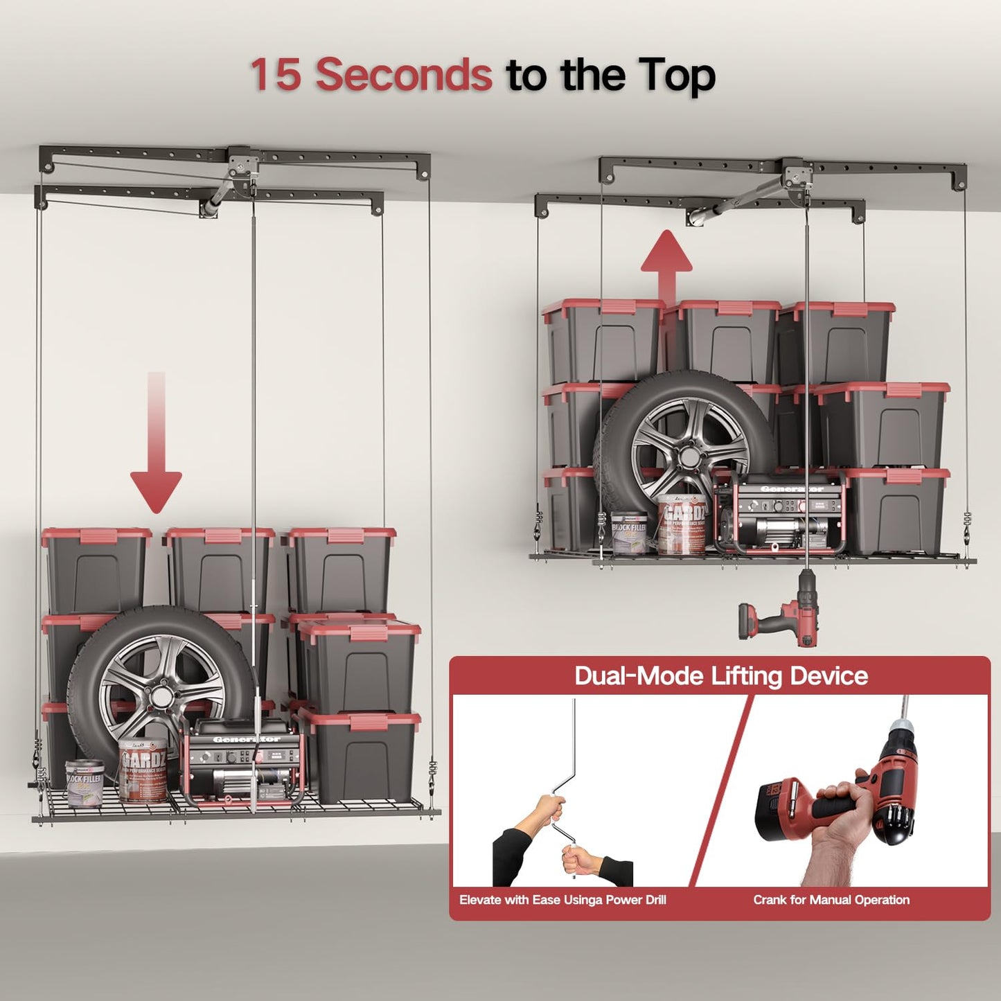 Overhead Garage Storage Rack for 8-10 FT Ceiling, Heavy-duty 4x4 FT Ceiling Storage Racks with Safety Lock, Ideal for Garage Storage Mounted Lift System and Storage Organizer, 250lbs Capacity