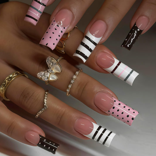 Medium Press on Nails Polka Dot Square Fake Nails with Pink & White French Tip Full Cover Stick on Nails Glossy Stripe Reusable Acrylic False Nails Glue on Nails for Women 24Pcs